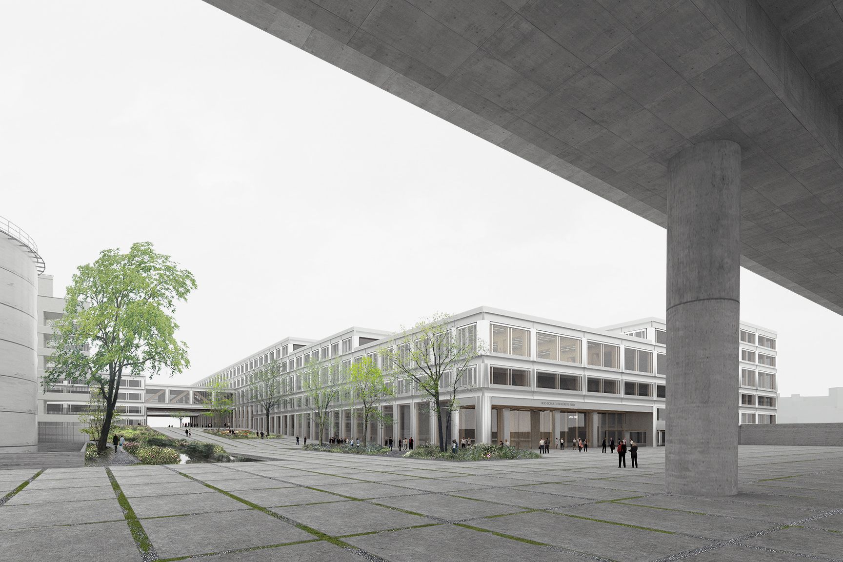 Campus Bern BFH. View from under the A12 highway towards the new campus and the former oil tanks. Computer rendering.